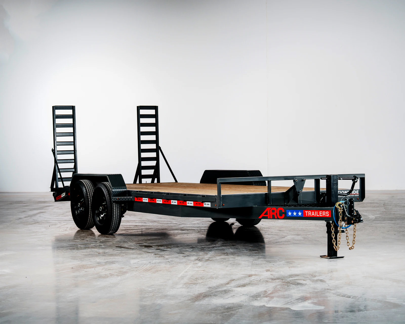 Grey ARC Trailers BEG 20-foot 14K bumper-pull equipment trailer, front three-quarter studio view Grey ARC Trailers BEG 20-foot 14K bumper-pull equipment trailer, front three-quarter studio view