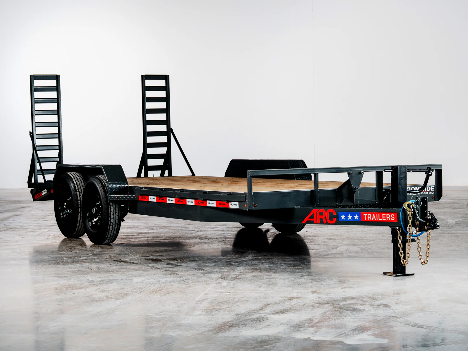 Grey ARC Trailers BEG 20-foot 14K bumper-pull equipment trailer, front three-quarter studio view