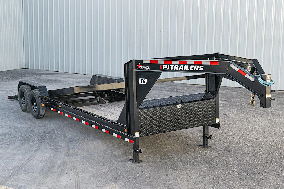 PJ Trailers 24'x82" Gooseneck 6" Channel Equipment Gravity Tilt Trailer (T6) - Stock #90863 - Image 1 of 12 PJ Trailers 24'x82" Gooseneck 6" Channel Equipment Gravity Tilt Trailer (T6) - Stock #90863 - Image 1 of 12