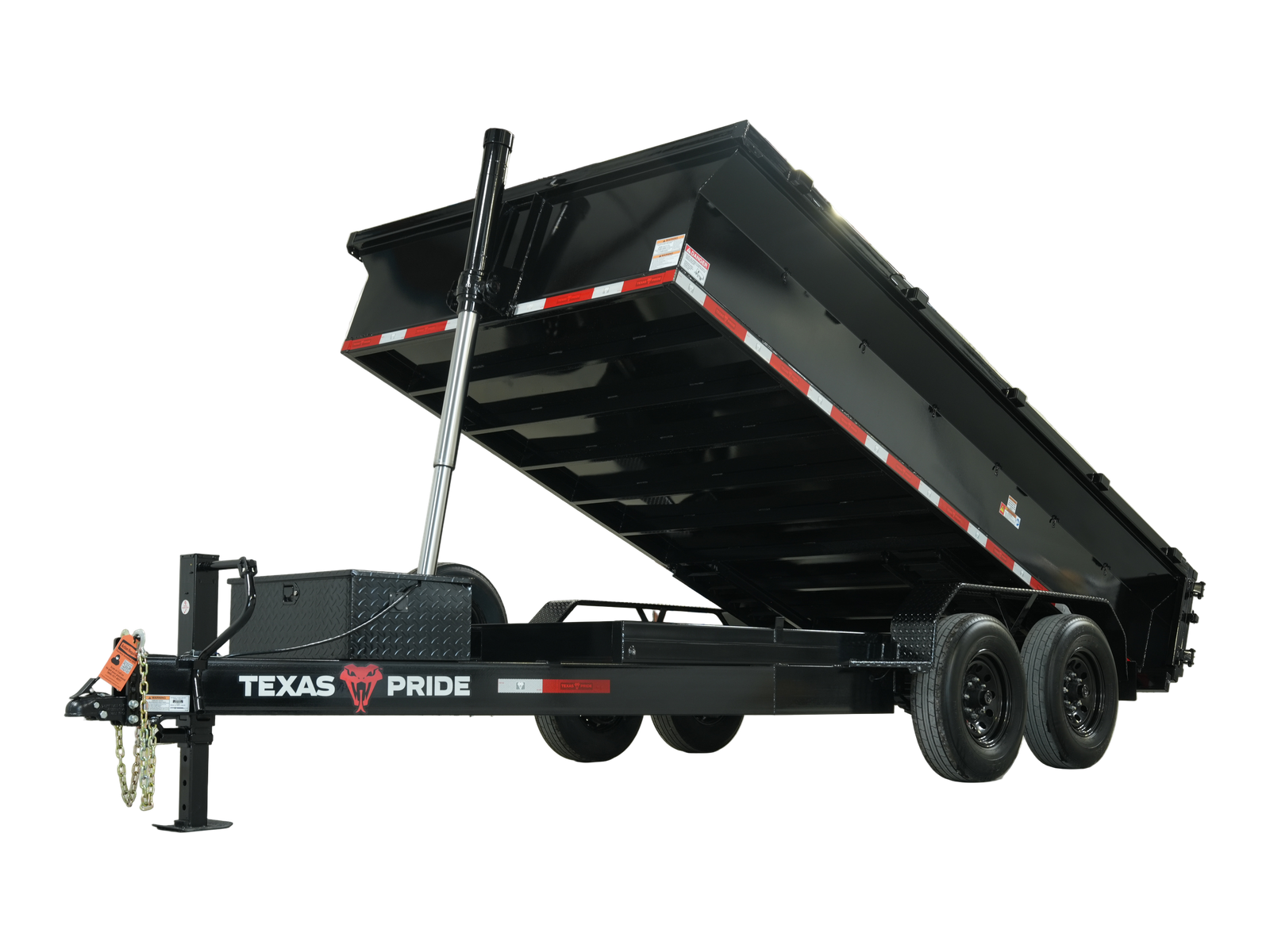 Texas Pride 14-foot by 83-inch bumper-pull dump trailer with 24-inch sides and raised bed, isolated front driver-side view