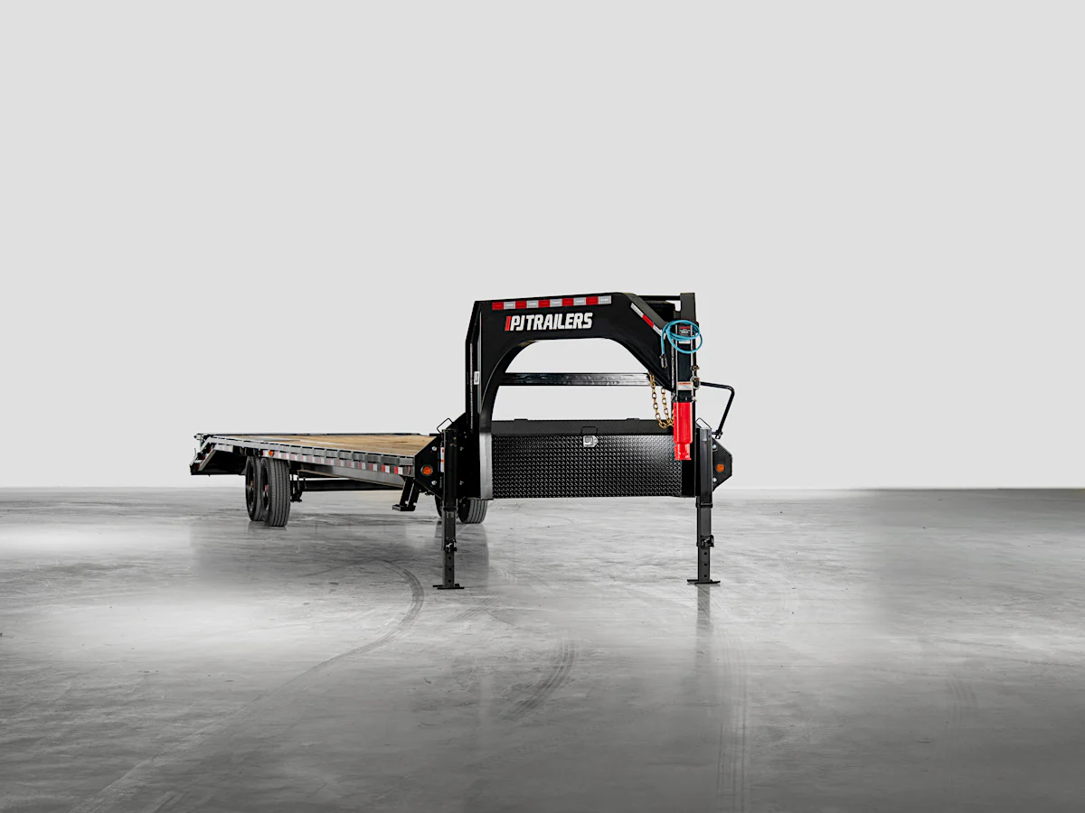 PJ Trailers 40'x102" 18k Gooseneck Flatbed Trailer w/ Singles (LX) - Stock #pj-lxq4082bswk - Image 1 of 18 PJ Trailers 40'x102" 18k Gooseneck Flatbed Trailer w/ Singles (LX) - Stock #pj-lxq4082bswk - Image 1 of 18
