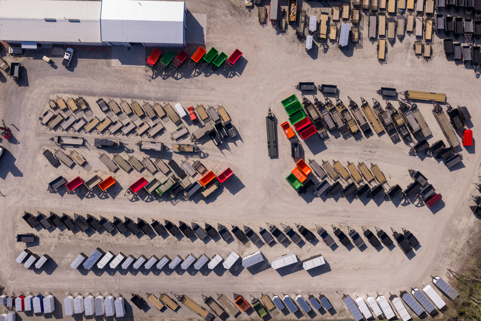 Aerial view of a Nationwide Trailers lot stocked with rows of trailers