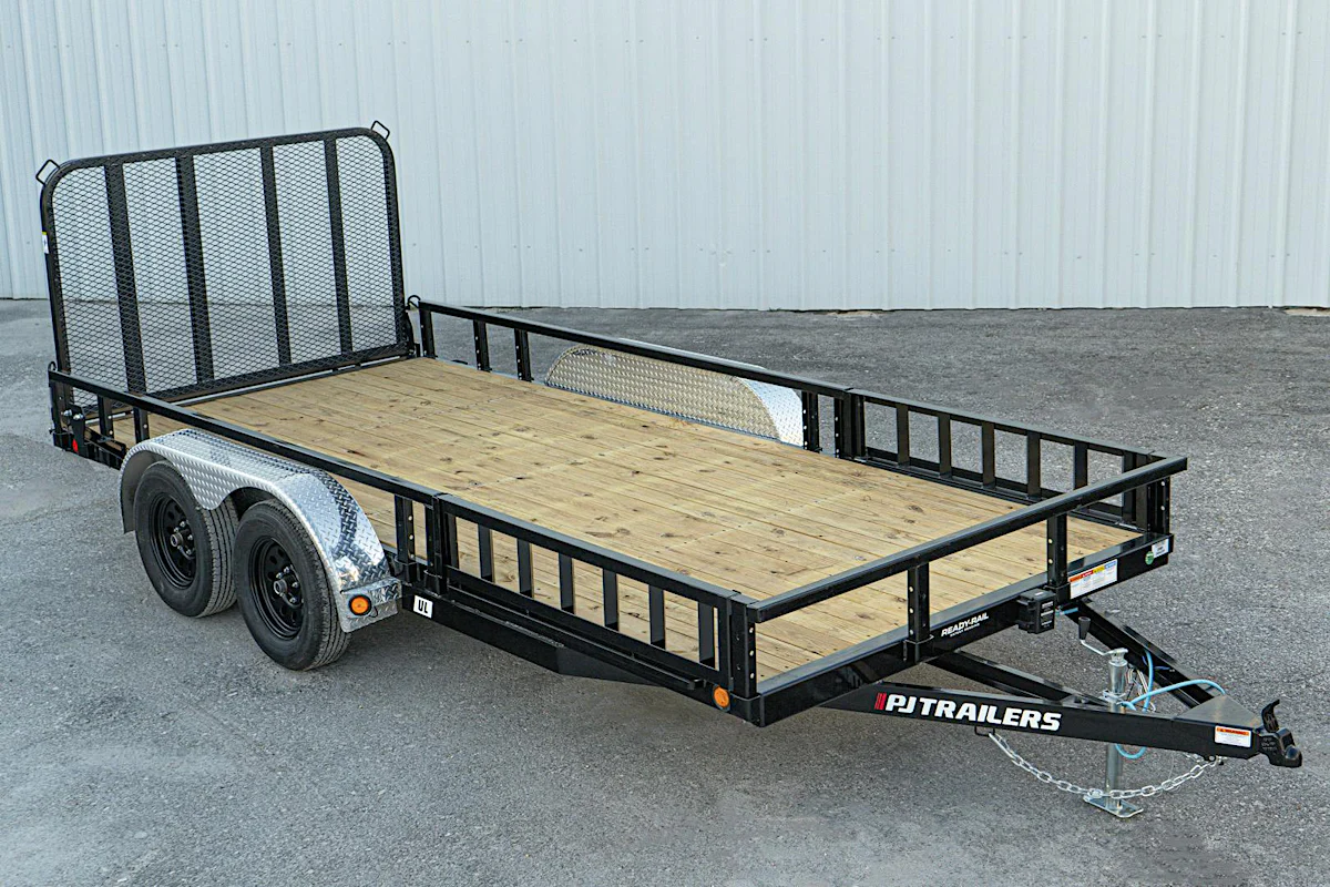 PJ Trailers 16'x83" Tandem Axle Channel Utility Trailer w/ Fold-In Gate (UL) - Stock #89130 - Image 1 of 11 PJ Trailers 16'x83" Tandem Axle Channel Utility Trailer w/ Fold-In Gate (UL) - Stock #89130 - Image 1 of 11