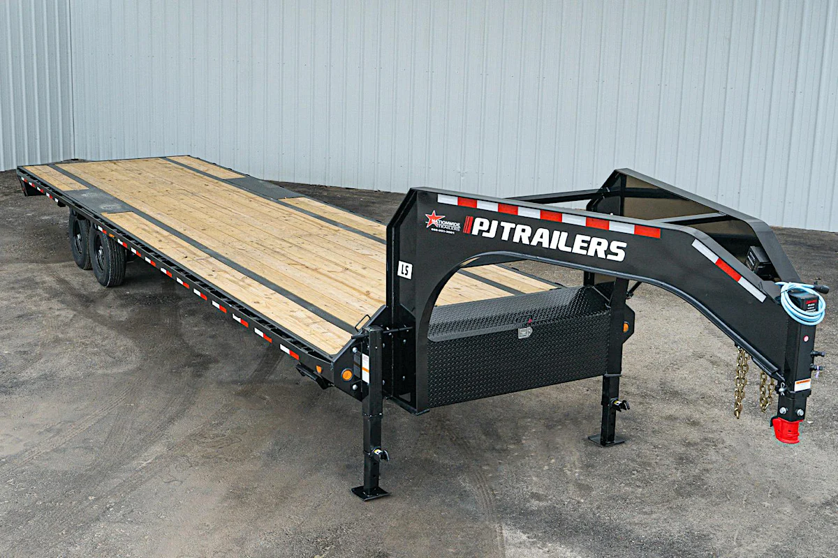 PJ Trailers 32'x102" Gooseneck Low Pro Flatbed Trailer w/ Singles (LS) - Stock #92126 - Image 1 of 9 PJ Trailers 32'x102" Gooseneck Low Pro Flatbed Trailer w/ Singles (LS) - Stock #92126 - Image 1 of 9