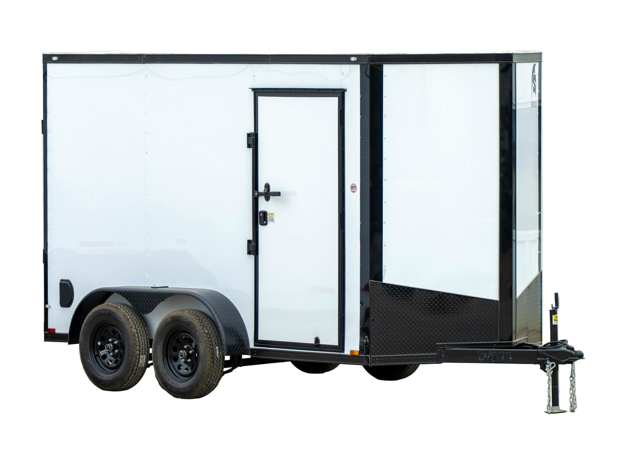 White Spartan TA tandem-axle enclosed cargo trailer with black trim, front three-quarter view