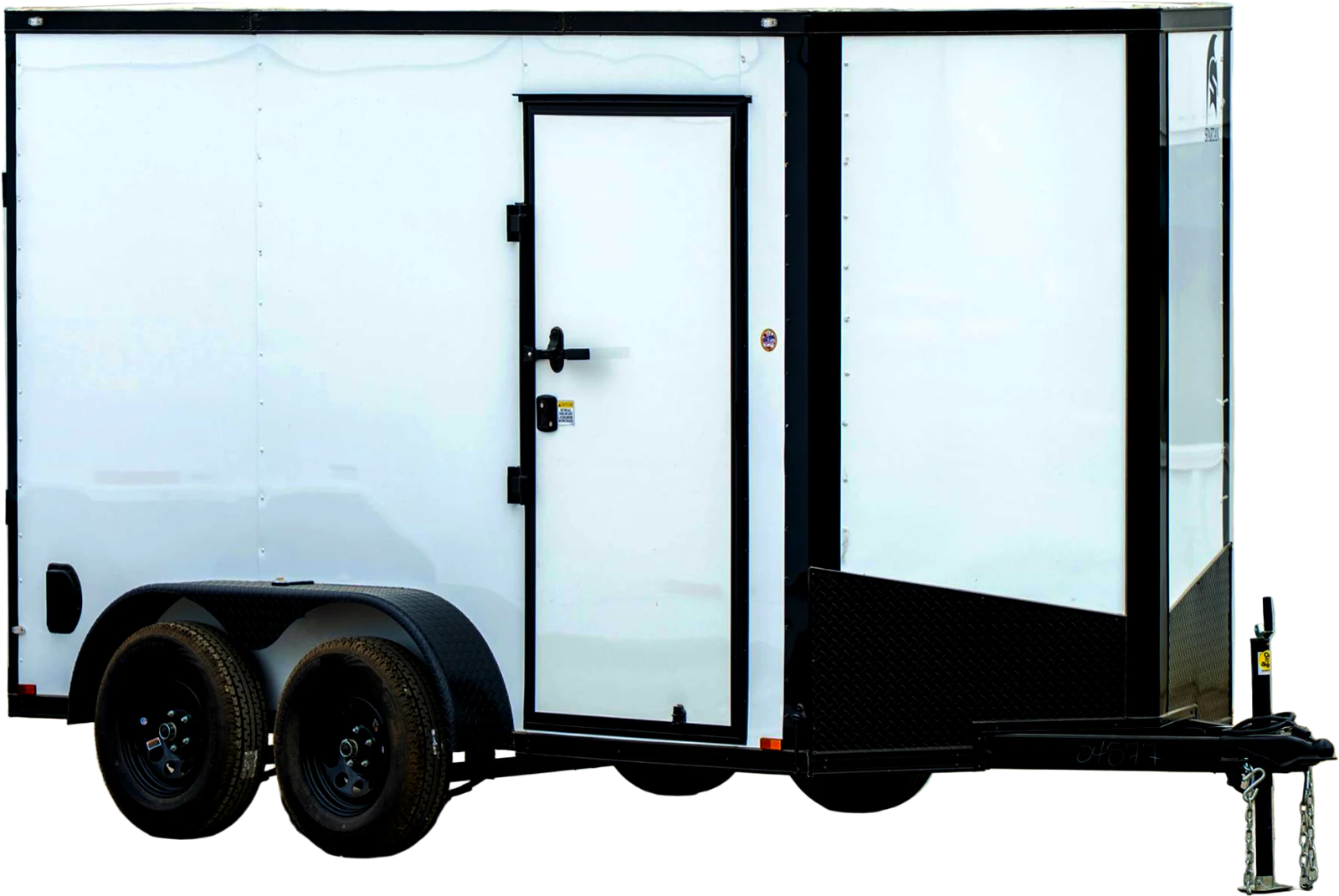 White Spartan TA tandem-axle enclosed cargo trailer with black trim, front three-quarter view