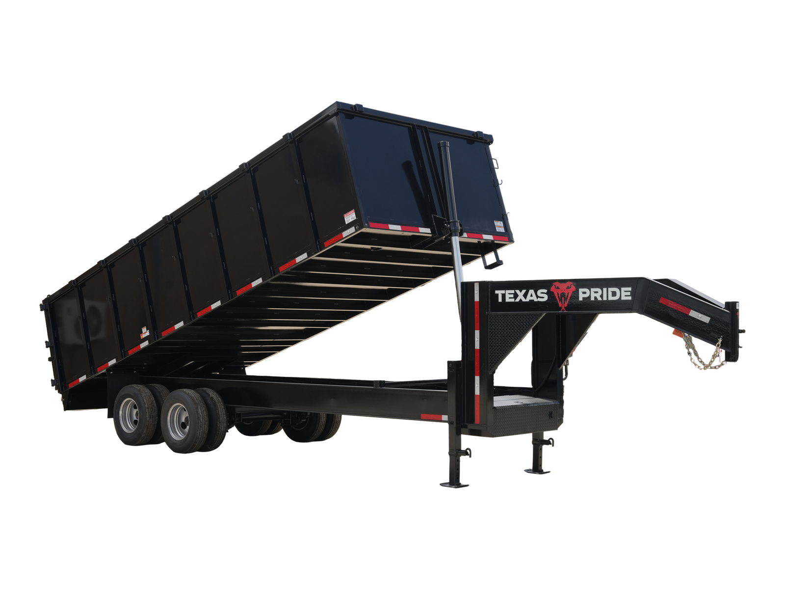 Texas Pride 20-foot by 102-inch dual-wheel gooseneck dump trailer with 48-inch sides and raised bed, isolated side view