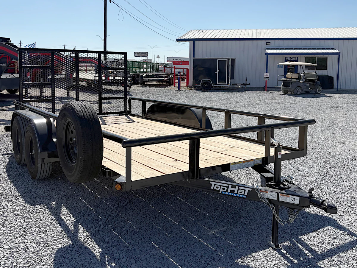 Top Hat 14'x83" Pipe Top Tandem Axle Utility Trailer w/ Ramp Gate - Stock #96032 - Image 1 of 5 Top Hat 14'x83" Pipe Top Tandem Axle Utility Trailer w/ Ramp Gate - Stock #96032 - Image 1 of 5
