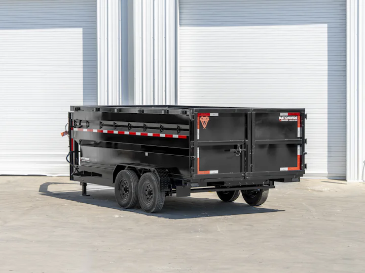 Texas Pride 16'x83" Gooseneck Dump Trailer w/ 48" Sides, rear three-quarter view