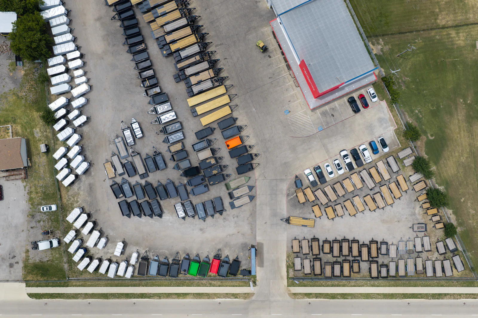 Aerial view of a Nationwide Trailers dealership and trailer inventory