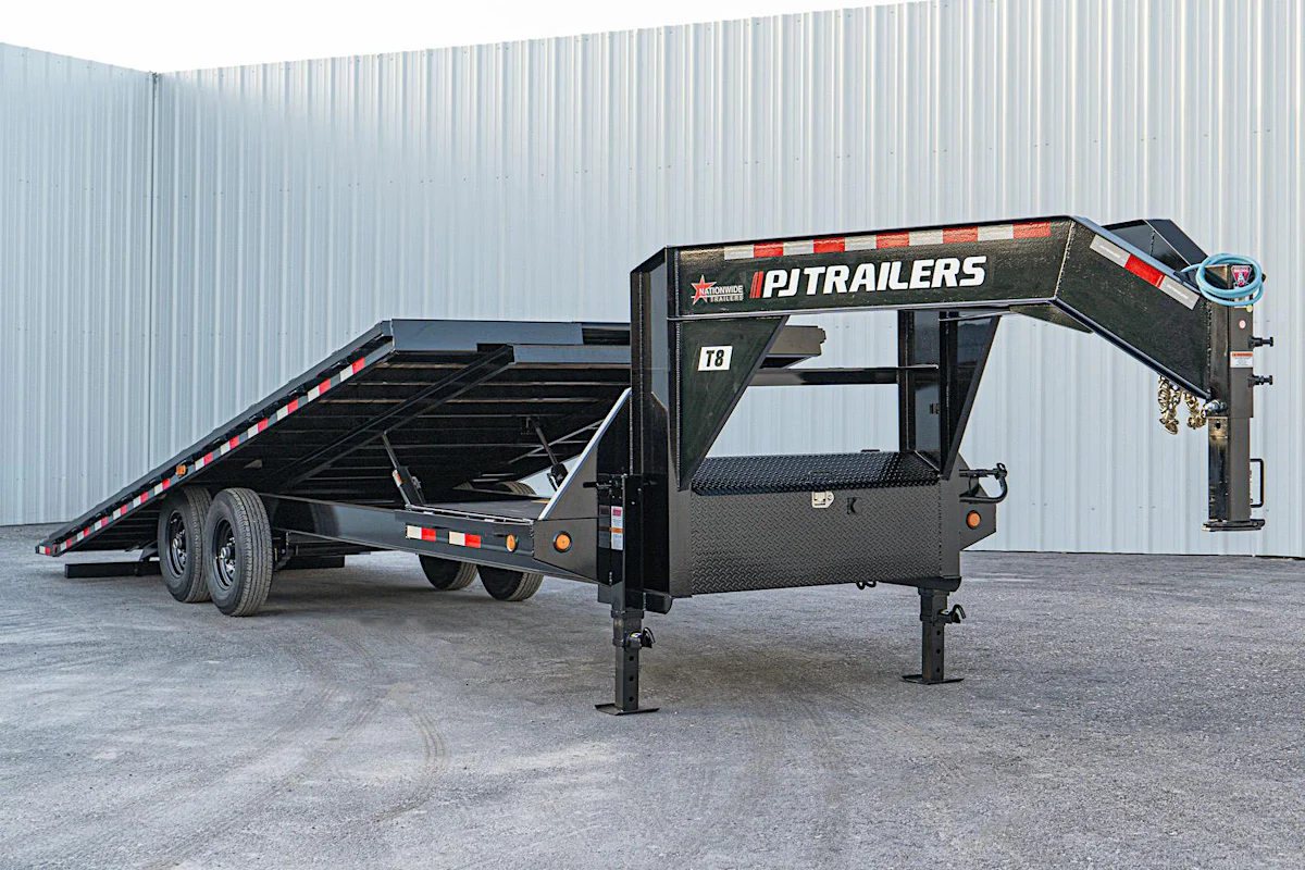 PJ Trailers 26'x102" Gooseneck Deckover Power Tilt Trailer (T8) - Stock #T8S2672BSTK-BWOD-WN04-WNFR - Image 1 of 12 PJ Trailers 26'x102" Gooseneck Deckover Power Tilt Trailer (T8) - Stock #T8S2672BSTK-BWOD-WN04-WNFR - Image 1 of 12