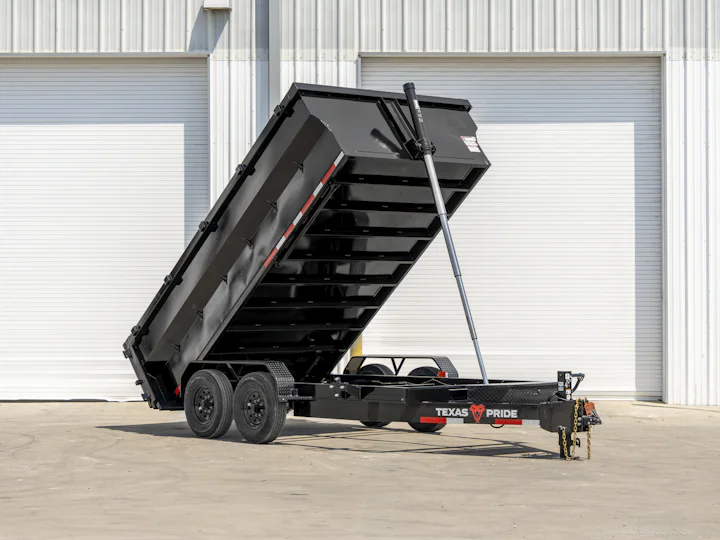 Texas Pride 14'x83" Bumper Pull Dump Trailer w/ 36" Sides, bed raised view
