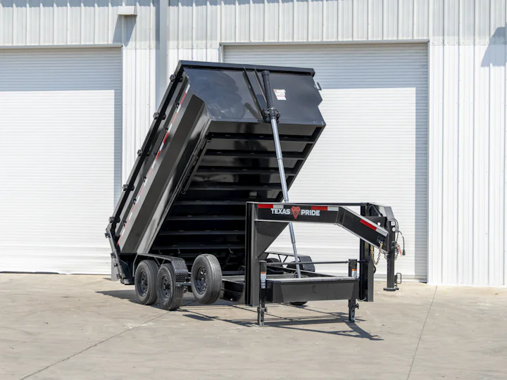 Texas Pride 14'x83" Gooseneck Dump Trailer w/ 48" Sides, bed raised view