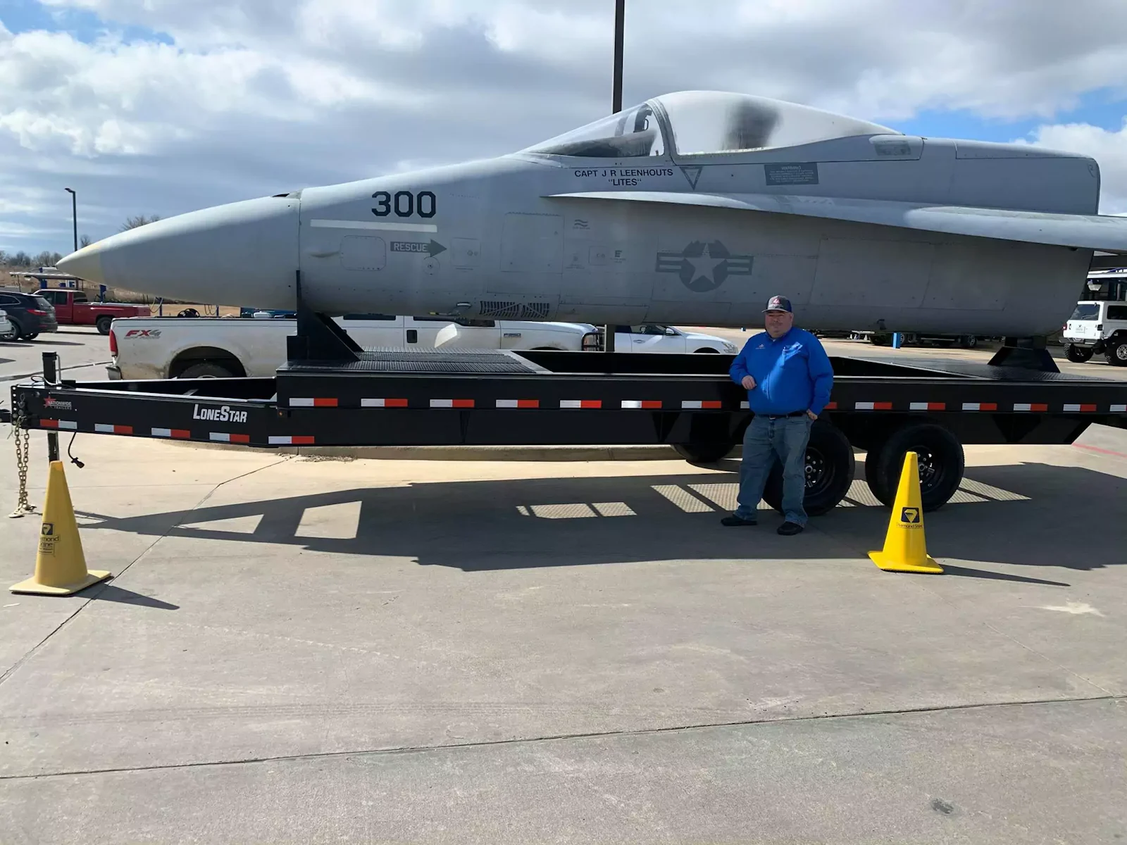 F18 fuselage secured on a custom-built LoneStar trailer