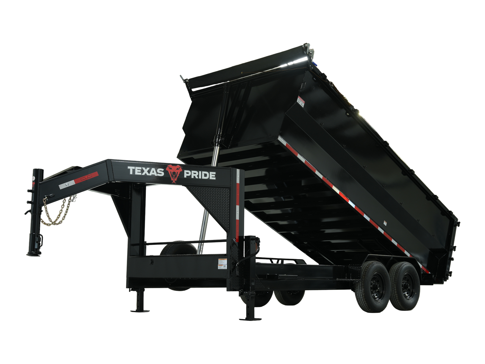 Texas Pride 16-foot by 83-inch gooseneck dump trailer with 48-inch sides and raised bed, isolated front driver-side view