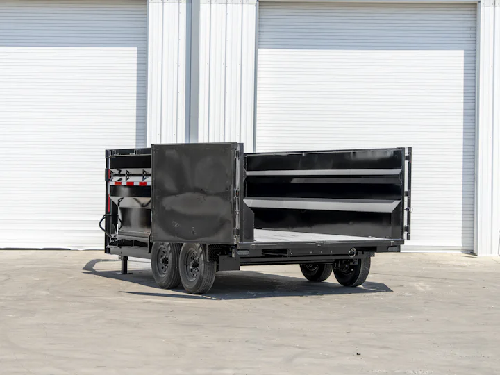 Texas Pride 14'x83" Gooseneck Dump Trailer w/ 48" Sides, rear three-quarter doors open view