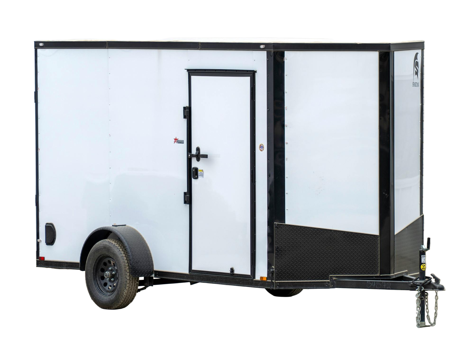 White Spartan SA single-axle enclosed cargo trailer with black trim, front three-quarter view