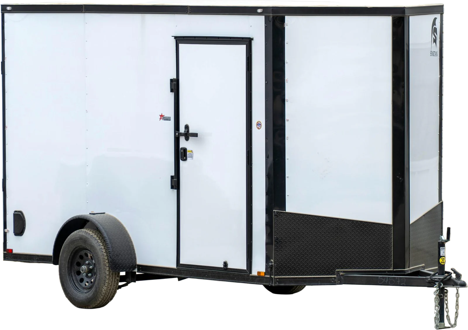 White Spartan SA single-axle enclosed cargo trailer with black trim, front three-quarter view
