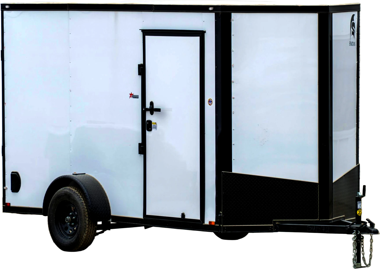 White Spartan SA single-axle enclosed cargo trailer with black trim, front three-quarter view
