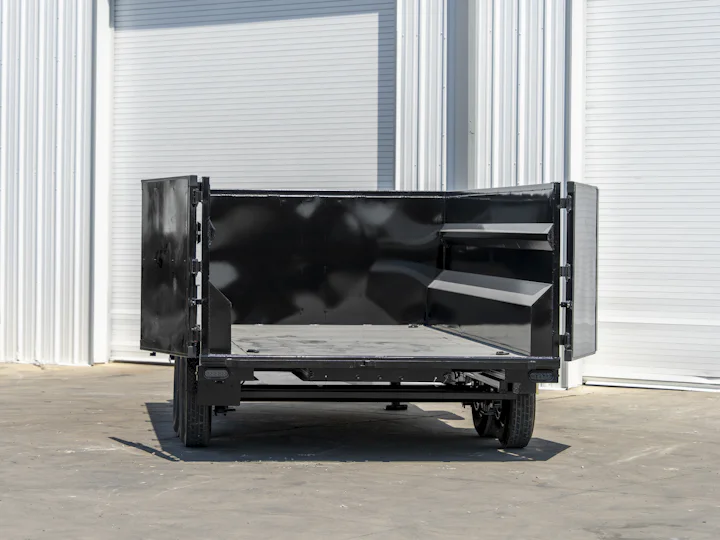 Texas Pride 16'x83" Gooseneck Dump Trailer w/ 48" Sides, rear doors open view