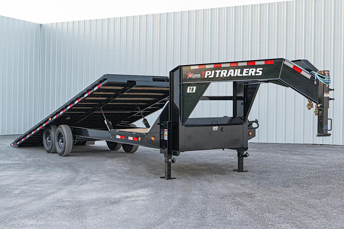 PJ Trailers 26'x102" Gooseneck Deckover Power Tilt Trailer (T8) - Stock #90642 - Image 1 of 13 PJ Trailers 26'x102" Gooseneck Deckover Power Tilt Trailer (T8) - Stock #90642 - Image 1 of 13