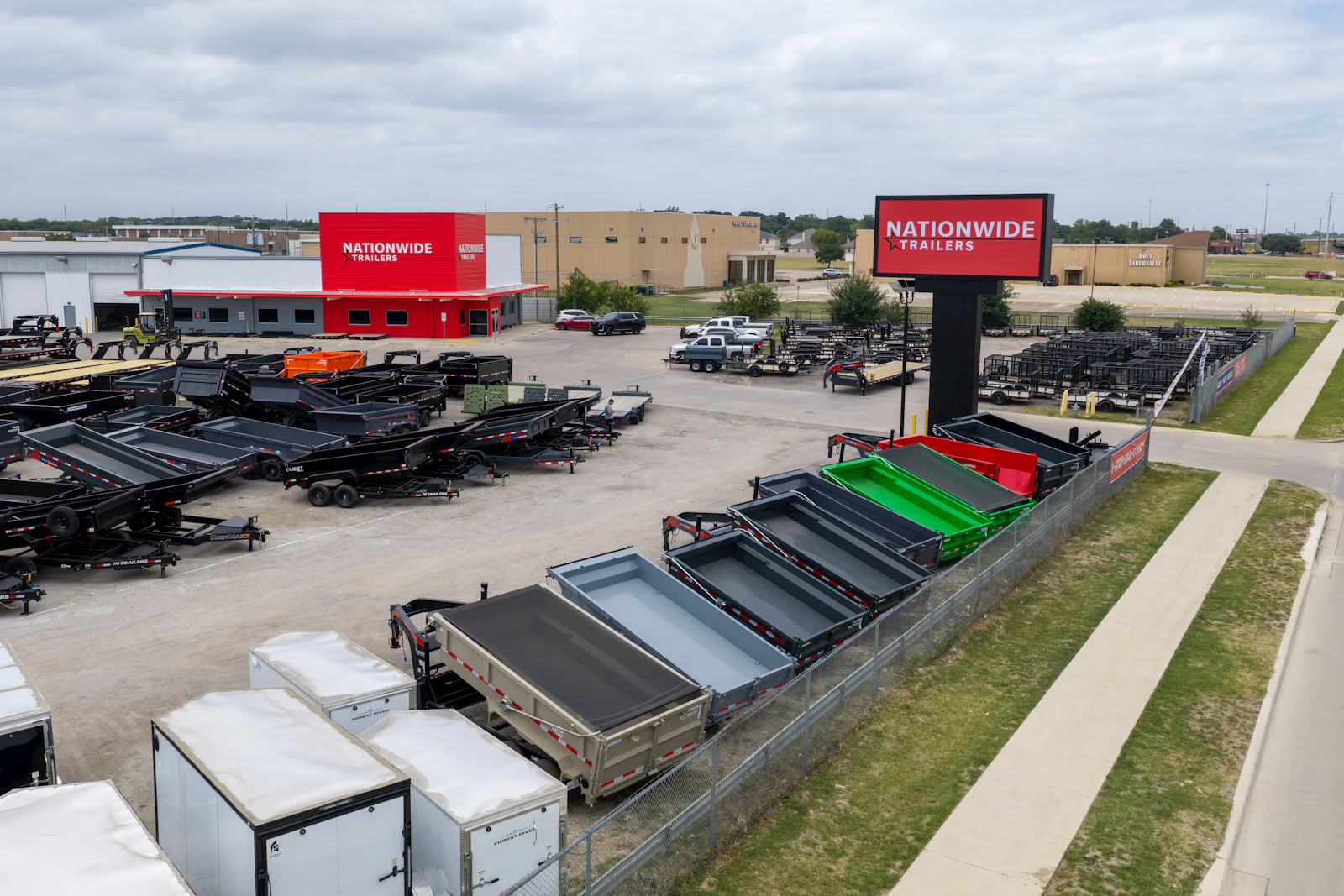 Aerial view of a Nationwide Trailers lot with trailers in every category