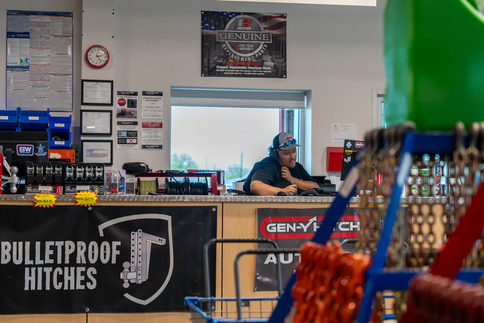 Hitch locks and security hardware at the trailer parts counter