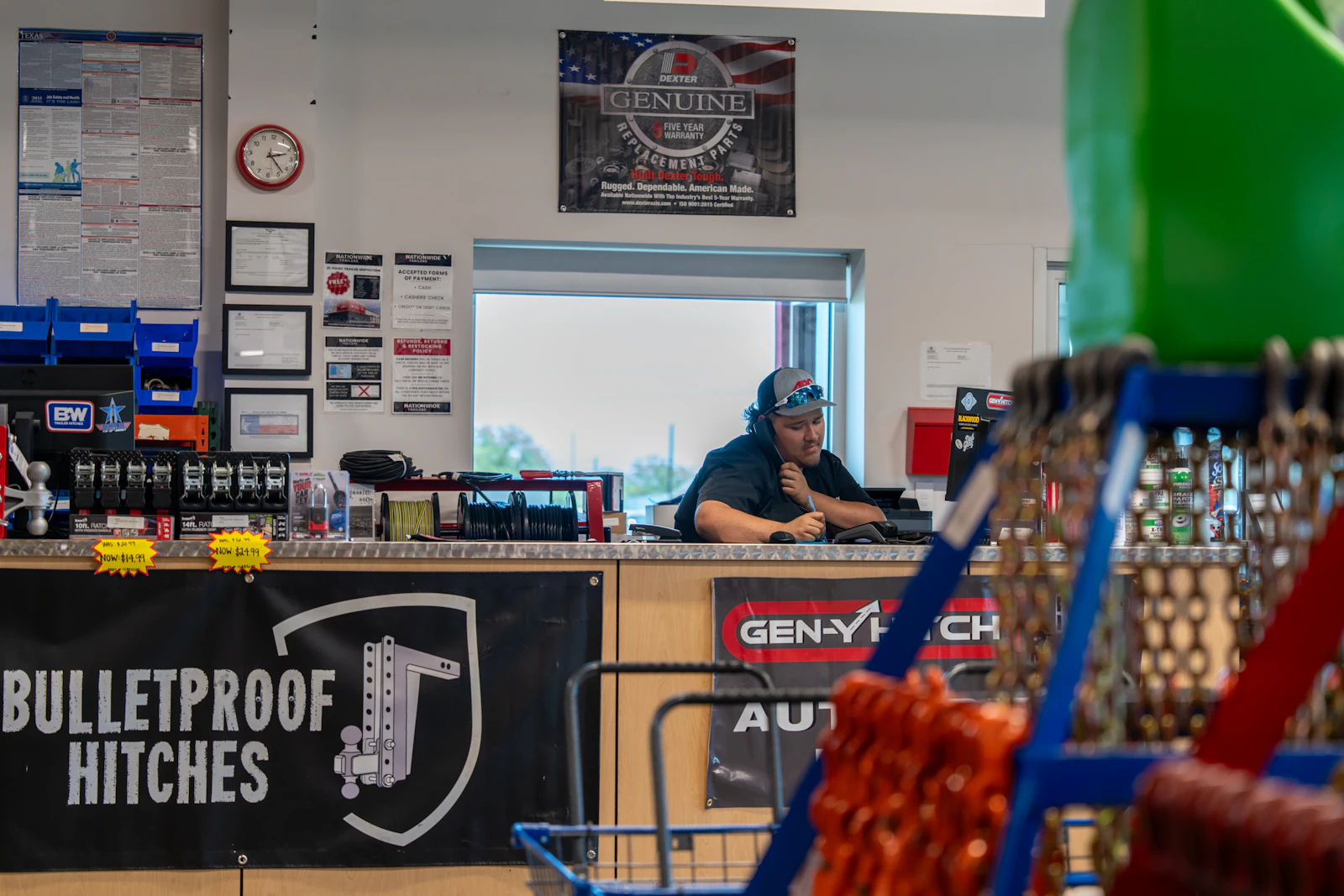 Hitch locks and security hardware at the trailer parts counter