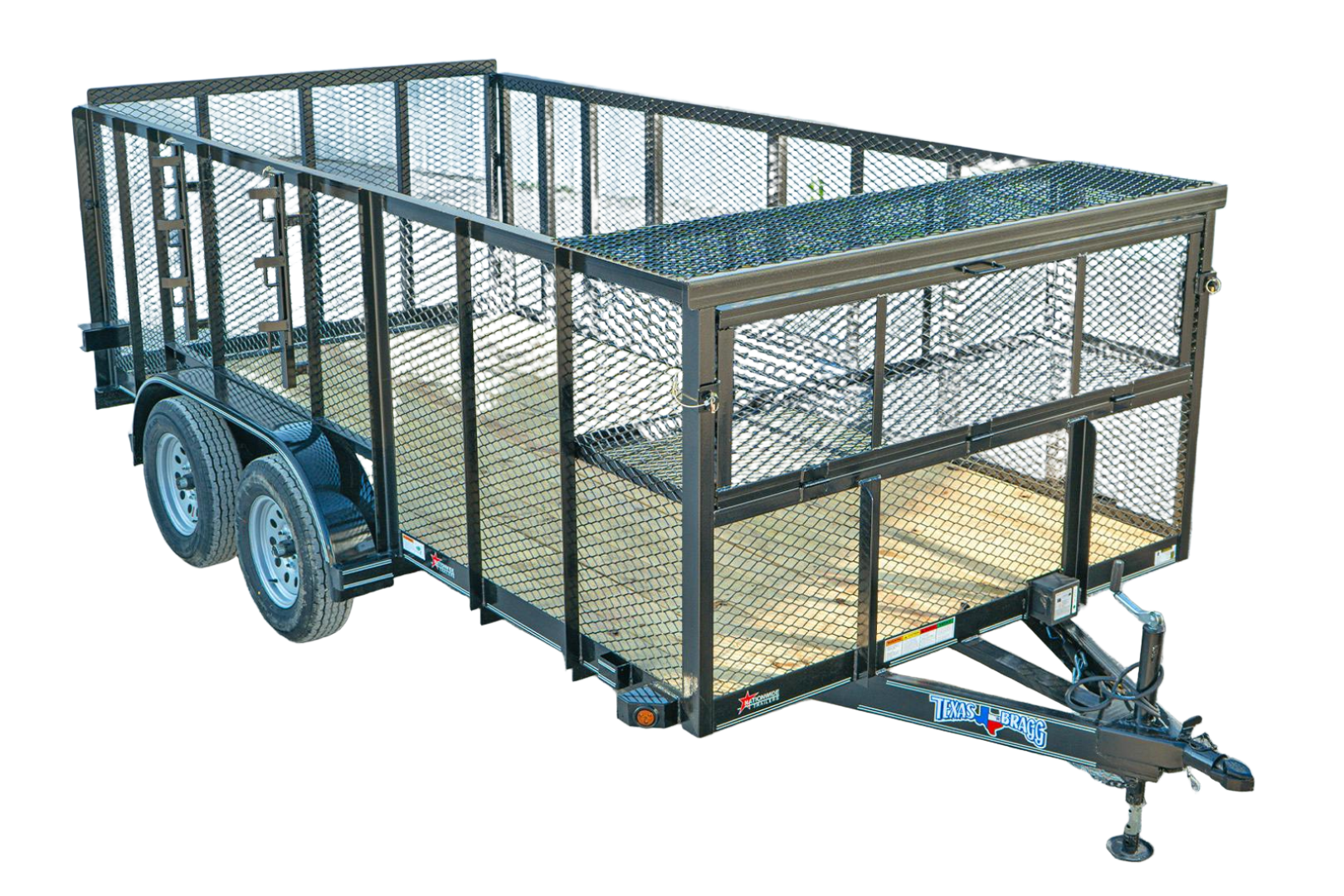 Black Texas Bragg 14LST landscape trailer with mesh sides and rear gate