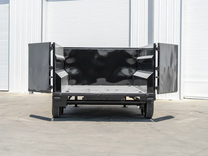 Texas Pride 14'x83" Gooseneck Dump Trailer w/ 48" Sides, rear doors open view