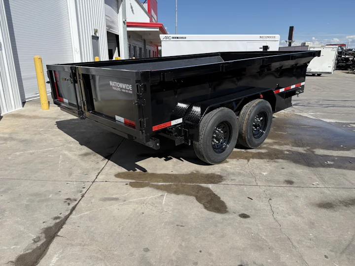 Texas Pride 14'x83" Bumper Pull Dump Trailer w/ 24" Sides, rear three-quarter view